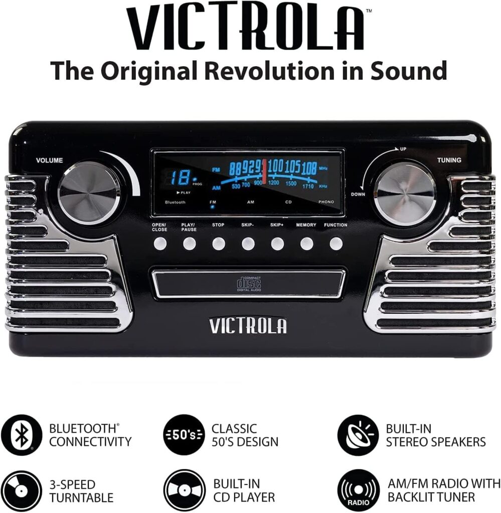 Victrola 50s Retro Bluetooth Record Player  Multimedia Center with Built-in Speakers - 3-Speed Turntable, CD Player, AM/FM Radio | Vinyl to MP3 Recording | Wireless Music Streaming | Black