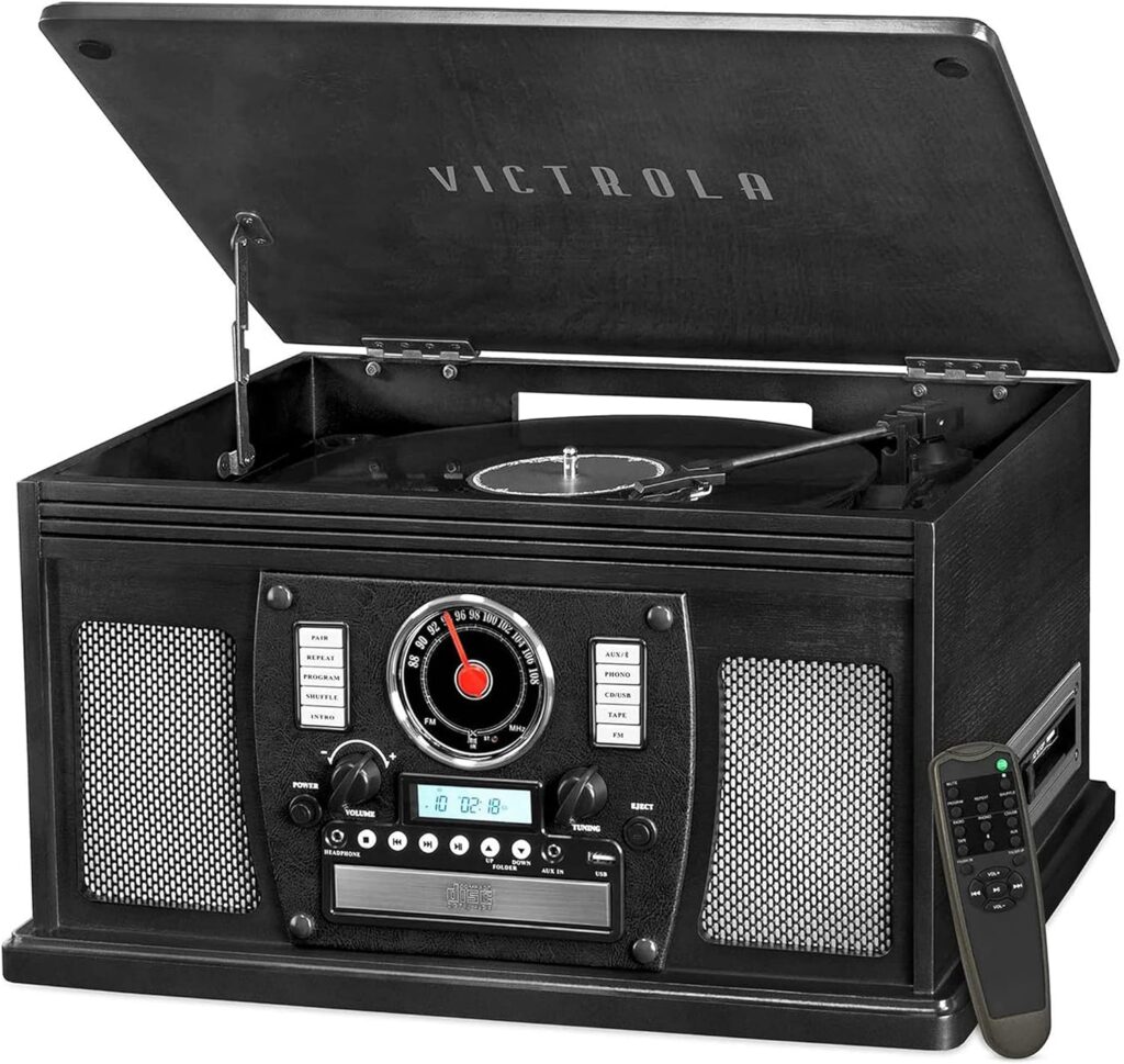 Victrola 8-in-1 Bluetooth Record Player  Multimedia Center, Built-in Stereo Speakers - Turntable, Wireless Music Streaming, Real Wood | Black, 1SFA