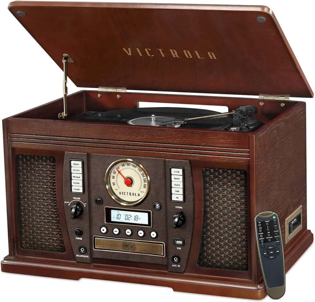 Victrola Aviator 8-in-1 Bluetooth Record Player  Multimedia Center with Built-in Stereo Speakers - 3-Speed Turntable, Vinyl to MP3 Recording | Wireless Music Streaming | Espresso