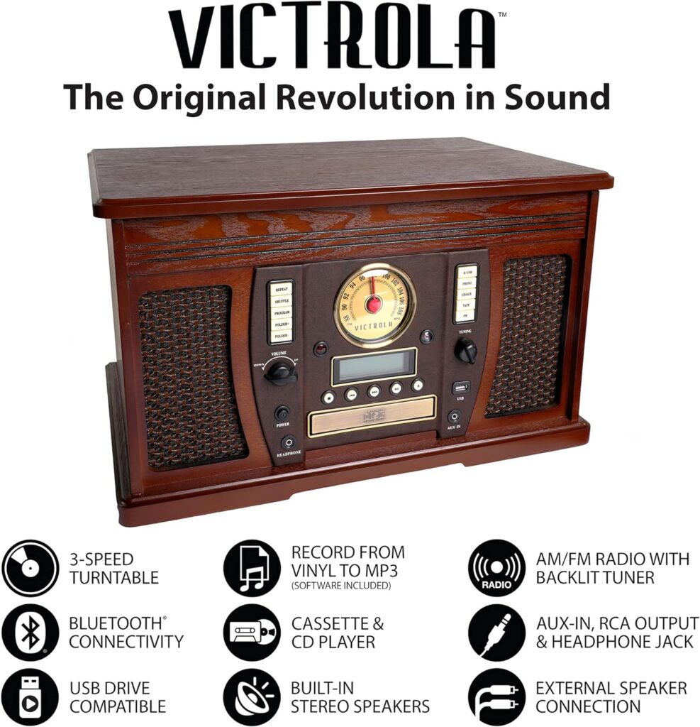 Victrola Aviator 8-in-1 Bluetooth Record Player  Multimedia Center with Built-in Stereo Speakers - 3-Speed Turntable, Vinyl to MP3 Recording | Wireless Music Streaming | Espresso