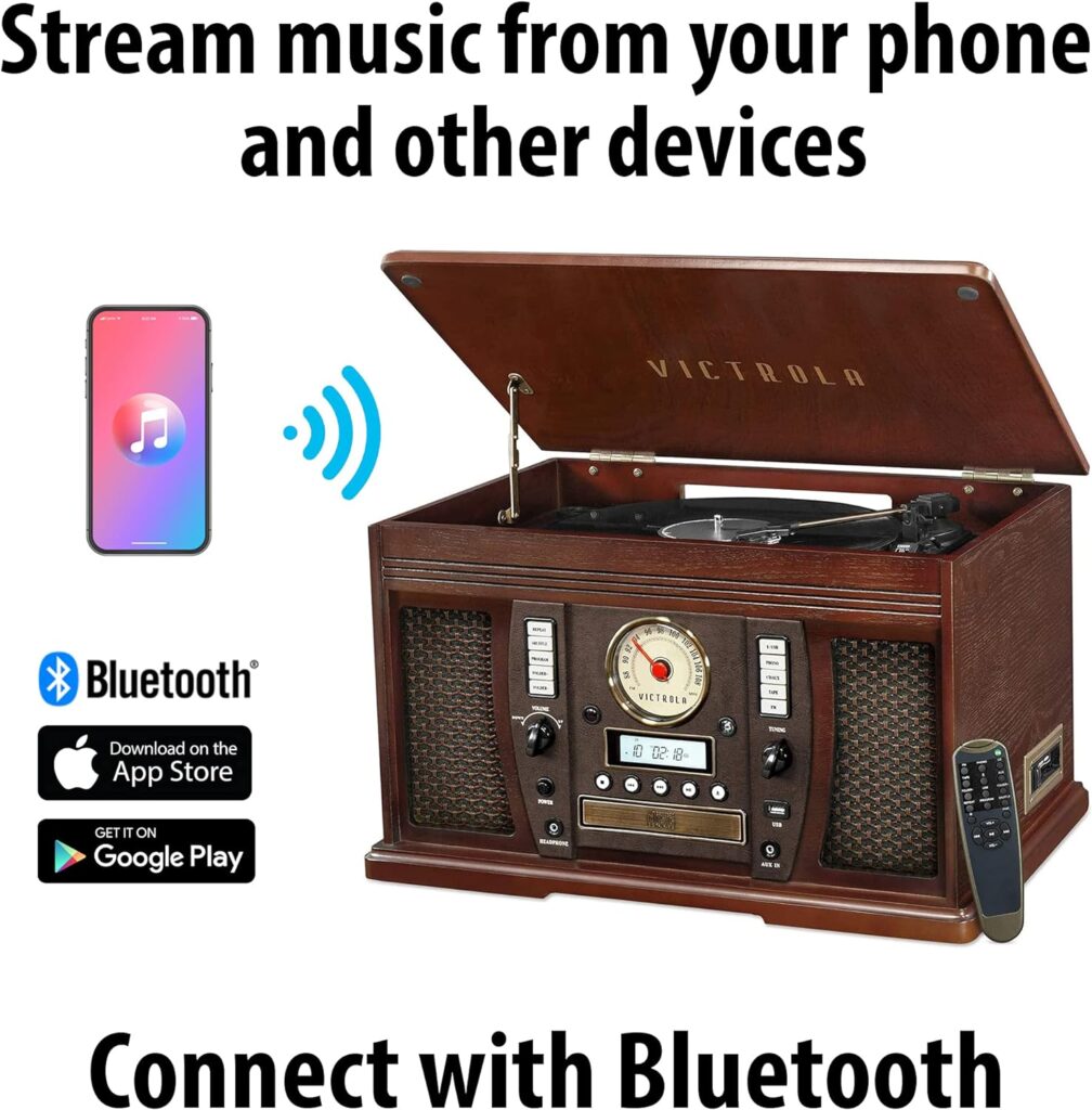 Victrola Aviator 8-in-1 Bluetooth Record Player  Multimedia Center with Built-in Stereo Speakers - 3-Speed Turntable, Vinyl to MP3 Recording | Wireless Music Streaming | Espresso