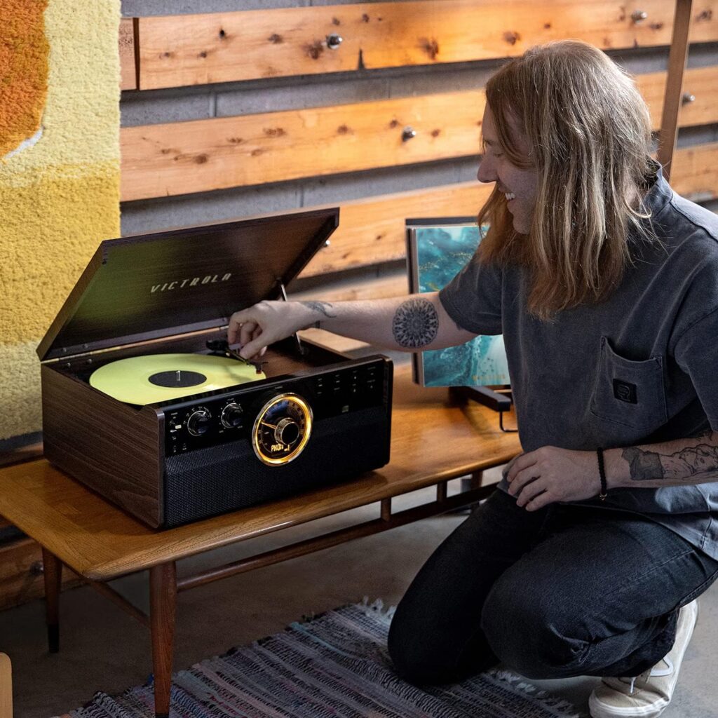 Victrola Empire Mid-Century 6-in-1 Turntable with 3 Speed Record Player, Bluetooth Connectivity, Radio, Cassette and CD Player (Espresso)