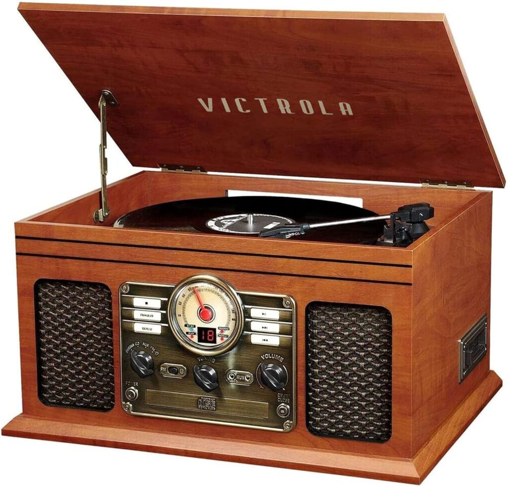 Victrola Nostalgic 6-in-1 Bluetooth Record Player Multimedia Center with Built-in Speakers - 3-Speed Turntable, CD Cassette Player, FM Radio | Wireless Music Streaming | Mahogany