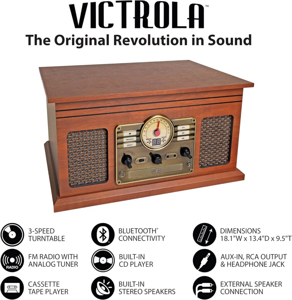 Victrola Nostalgic 6-in-1 Bluetooth Record Player  Multimedia Center with Built-in Speakers - 3-Speed Turntable, CD  Cassette Player, AM/FM Radio | Wireless Music Streaming | Grey | wood