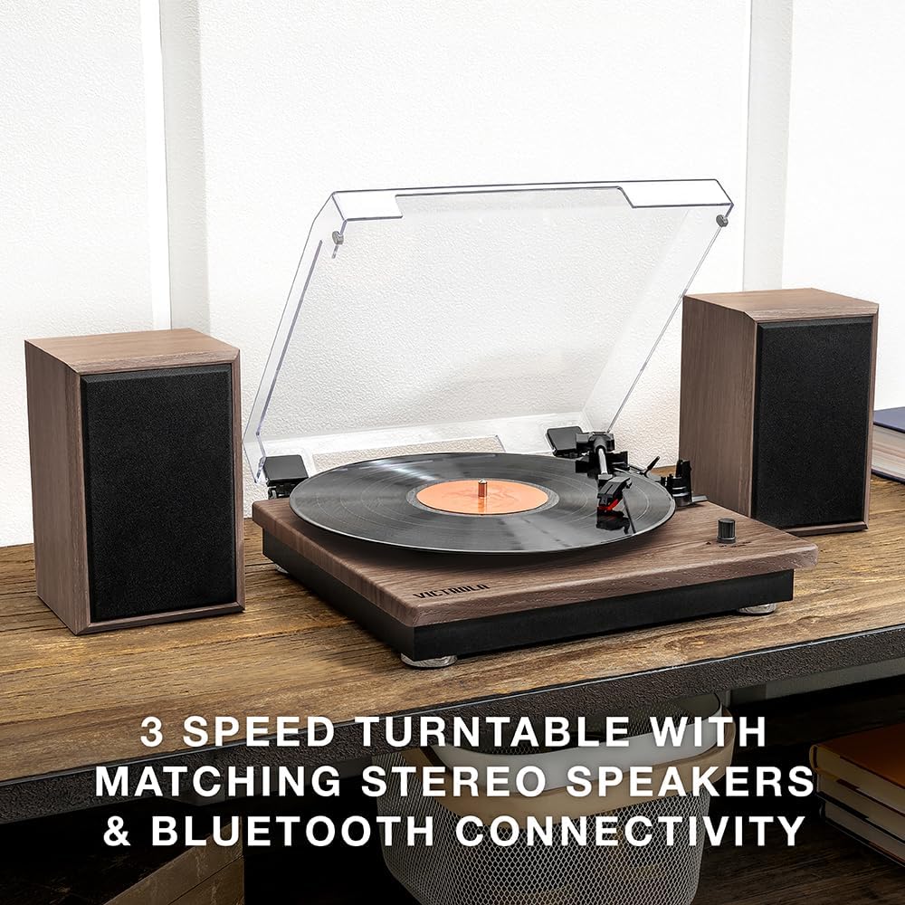 Victrola Nostalgic 6-in-1 Bluetooth Record Player  Multimedia Center with Built-in Speakers - 3-Speed Turntable, CD  Cassette Player, AM/FM Radio | Wireless Music Streaming | Grey | wood