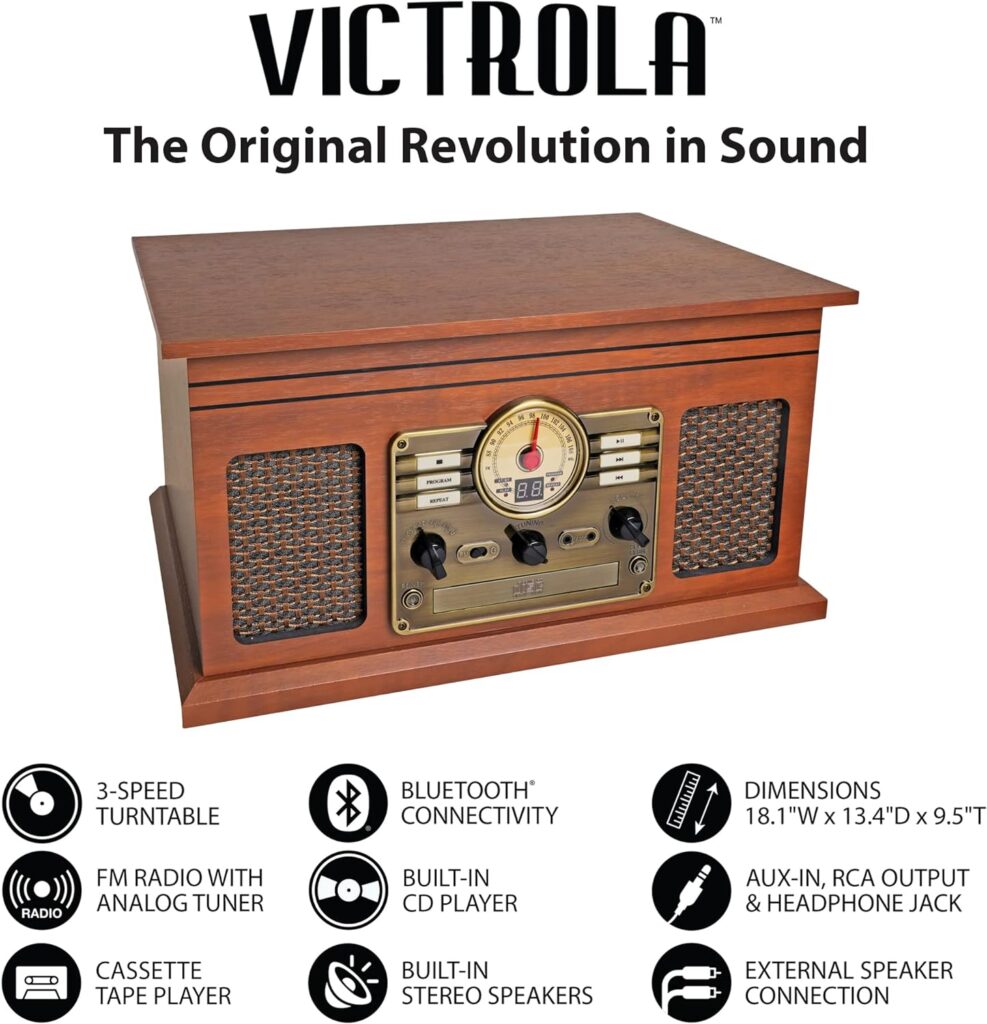 Victrola Nostalgic 7-in-1 Bluetooth Record Player  Multimedia Center with Built-in Speakers - 3-Speed Turntable, CD  Cassette Player, AM/FM Radio, USB | Wireless Music Streaming | Mahogany