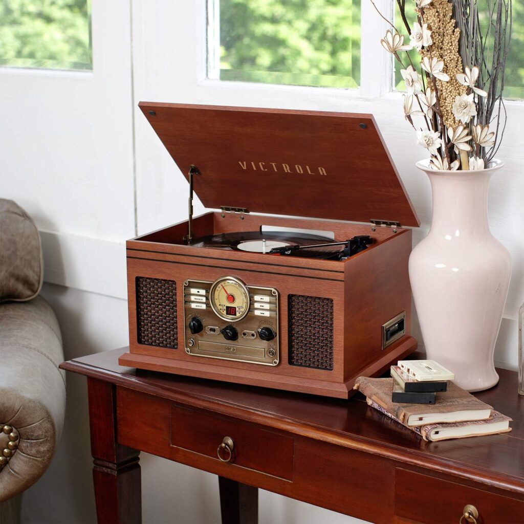 Victrola Nostalgic 7-in-1 Bluetooth Record Player  Multimedia Center with Built-in Speakers - 3-Speed Turntable, CD  Cassette Player, AM/FM Radio, USB | Wireless Music Streaming | Mahogany