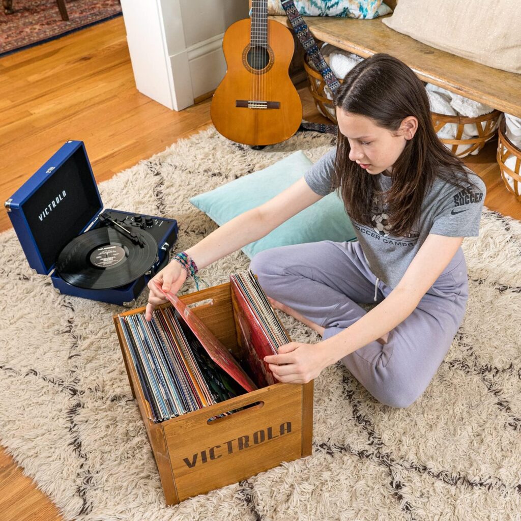 Victrola Vintage 3-Speed Bluetooth Portable Suitcase Record Player with Built-in Speakers | Upgraded Turntable Audio Sound| Includes Extra Stylus | Light Beige Linen