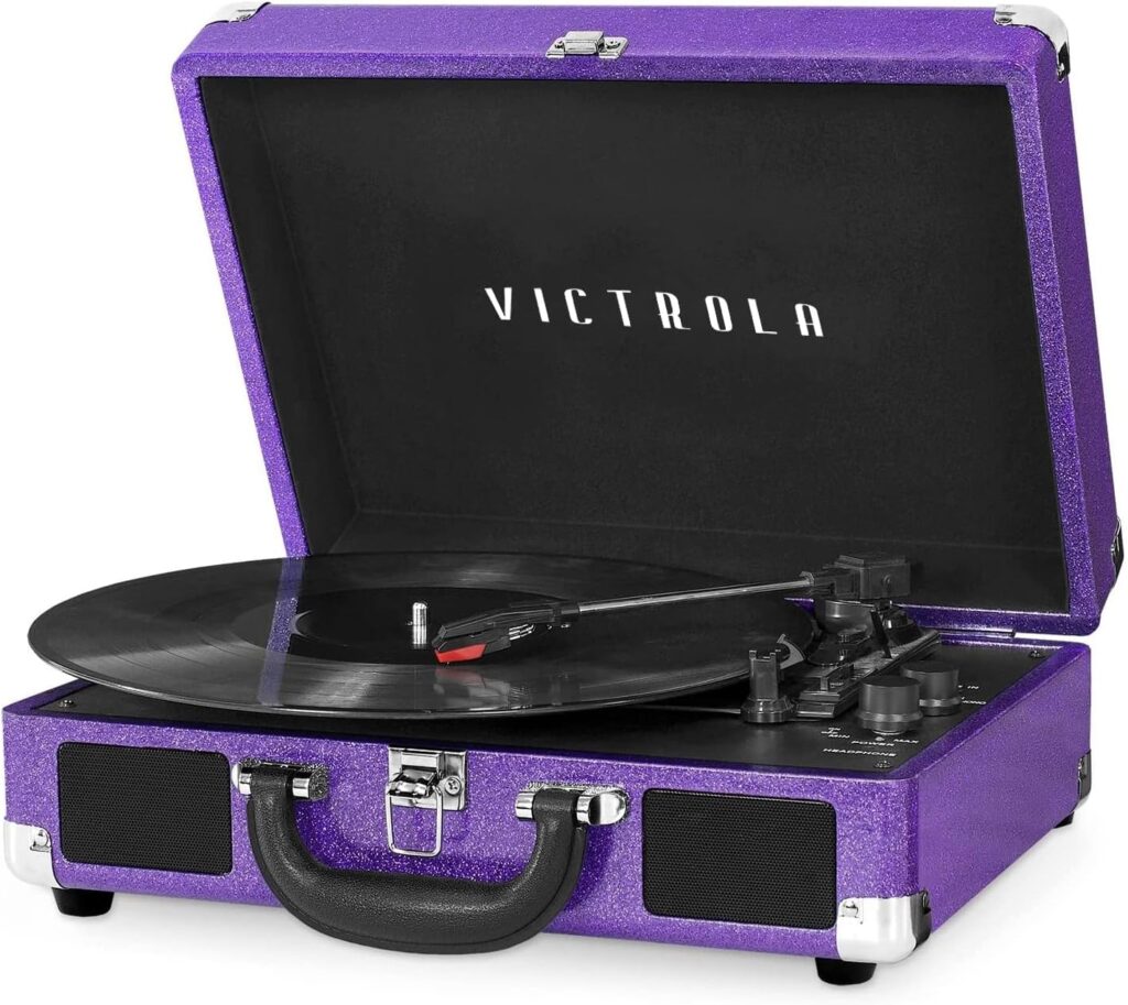 Victrola Vintage 3-Speed Bluetooth Portable Suitcase Record Player with Built-in Speakers | Upgraded Turntable Audio Sound|Purple Glitter, Model Number: VSC-550BT-GPR