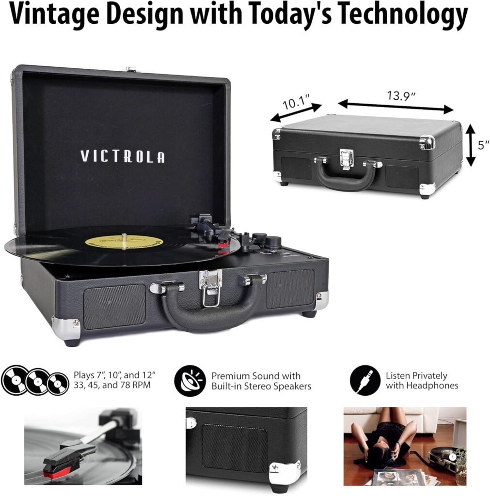 Victrola Vintage 3-Speed Bluetooth Portable Suitcase Record Player with Built-in Speakers | Upgraded Turntable Audio Sound|Purple Glitter, Model Number: VSC-550BT-GPR