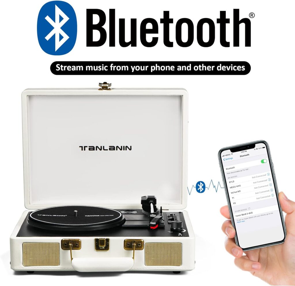 Vintage 3-Speed Bluetooth Portable USB Suitcase Record Player with Built-in Speakers | Upgraded Vinyl Turntable Audio Sound| Includes Extra Stylus  Mat | White