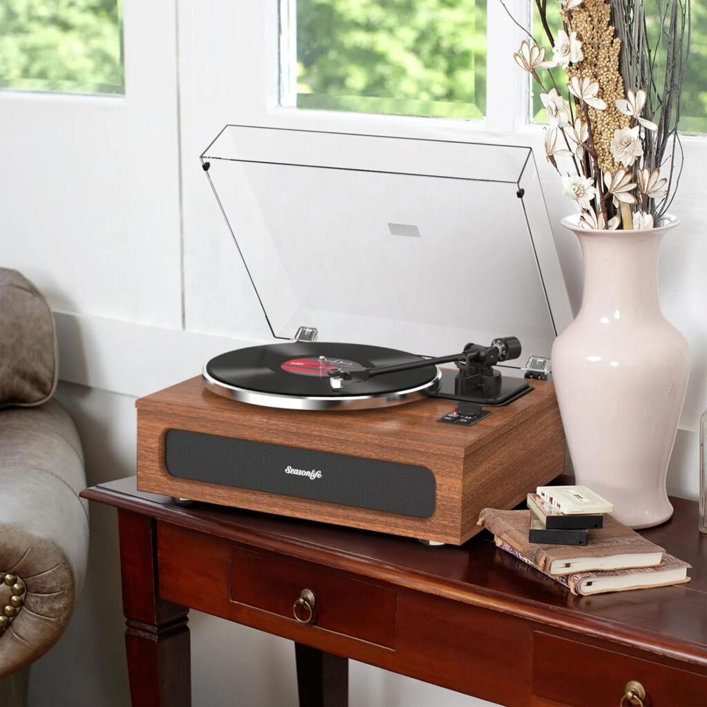 Vintage Record Player for Vinyl with Speakers High Fidelity Belt Drive Turntables Records Built-in 2 Tweeter and Bass, All-in-One LP MM Cartridge Wireless Pairing AUX RCA