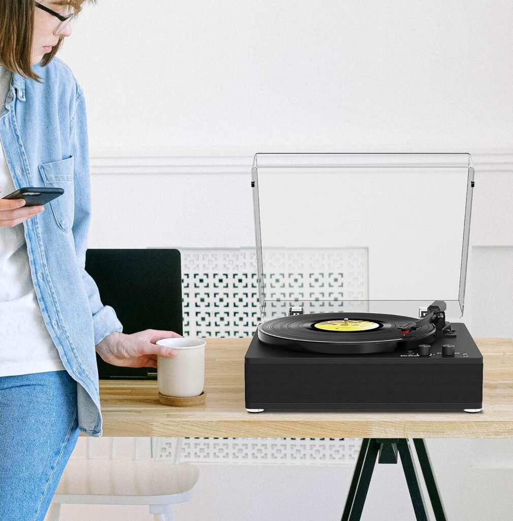 Vintage Record Player with Built-in Speakers, Wireless Bluetooth Input/Output Turntable 3 Speed Vintage Vinyl LP Player with Full-Size Platter, Auto-Stop, RCA/AUX/Headphone Jacks, Black