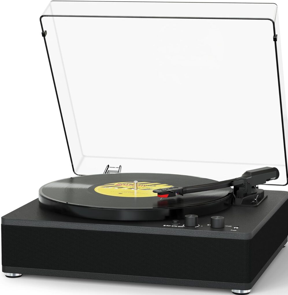 Vintage Record Player with Built-in Speakers, Wireless Bluetooth Input/Output Turntable 3 Speed Vintage Vinyl LP Player with Full-Size Platter, Auto-Stop, RCA/AUX/Headphone Jacks, Black