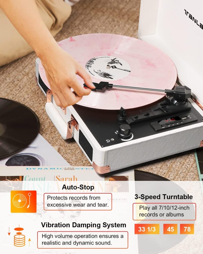 Vinyl Record Player Bluetooth Vintage 3-Speed Portable Suitcase Turntables with Built-in Speakers, Belt-Driven LP Player Support USB Recording AUX-in RCA Line Out Headphone Jack, White