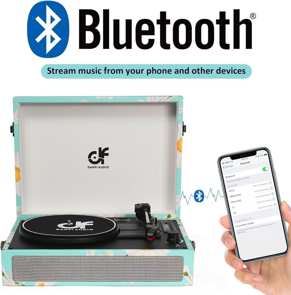 Vinyl Record Player Bluetooth with Built-in Speakers, Vintage Portable Turntable 3 Speed with USB Recording Headphone/RCA/AUX Jack Floral Suitcase Record Player Teal Floral