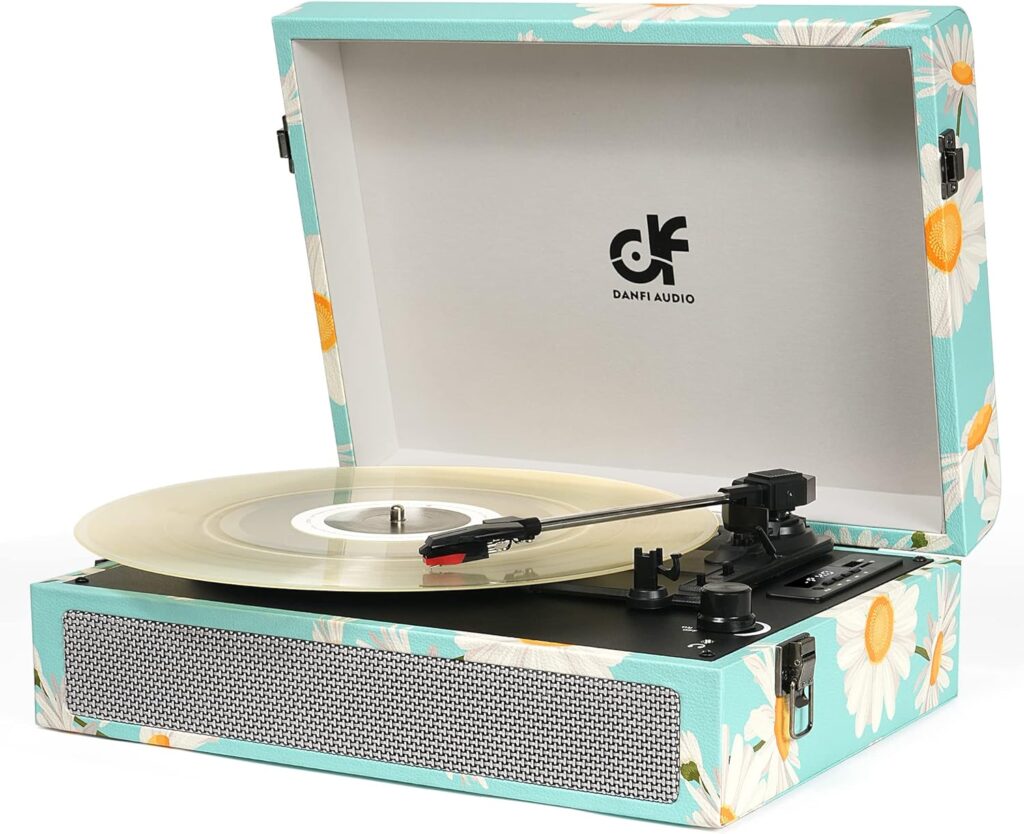 Vinyl Record Player Bluetooth with Built-in Speakers, Vintage Portable Turntable 3 Speed with USB Recording Headphone/RCA/AUX Jack Floral Suitcase Record Player Teal Floral