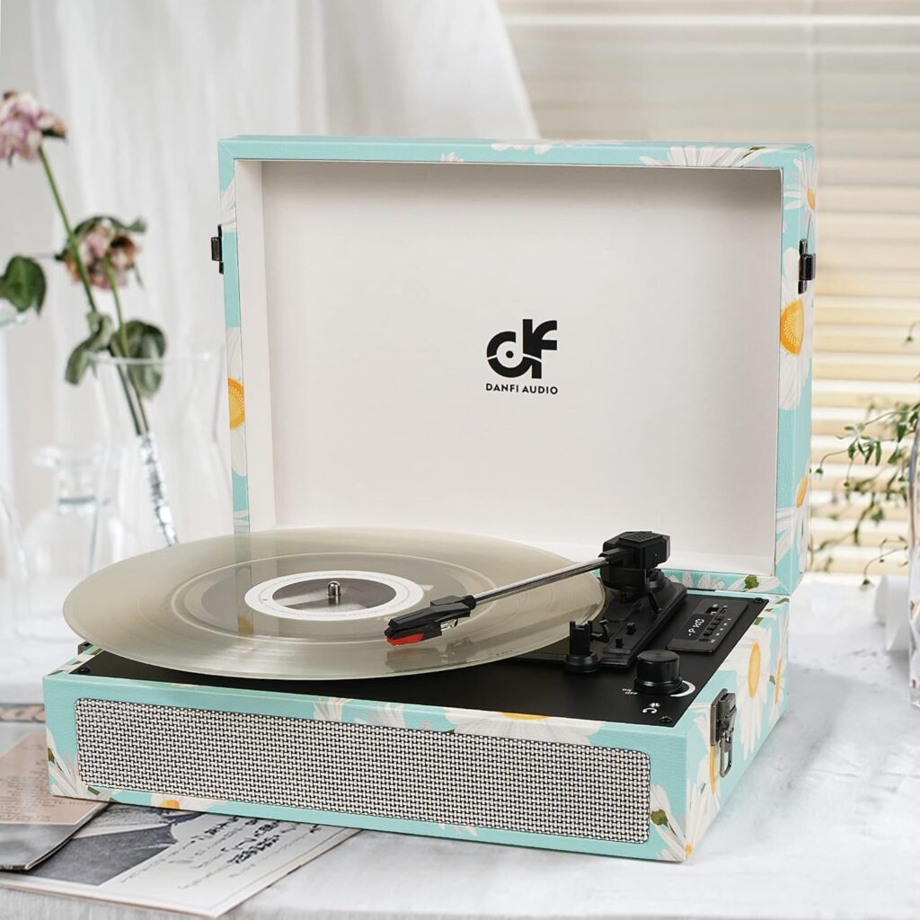Vinyl Record Player Bluetooth with Built-in Speakers, Vintage Portable Turntable 3 Speed with USB Recording Headphone/RCA/AUX Jack Floral Suitcase Record Player Teal Floral