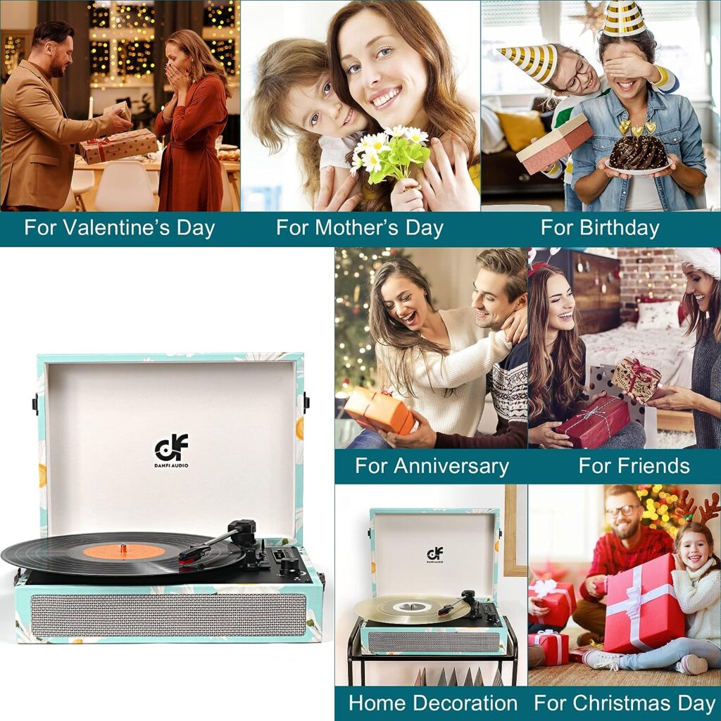 Vinyl Record Player Bluetooth with Built-in Speakers, Vintage Portable Turntable 3 Speed with USB Recording Headphone/RCA/AUX Jack Floral Suitcase Record Player Teal Floral