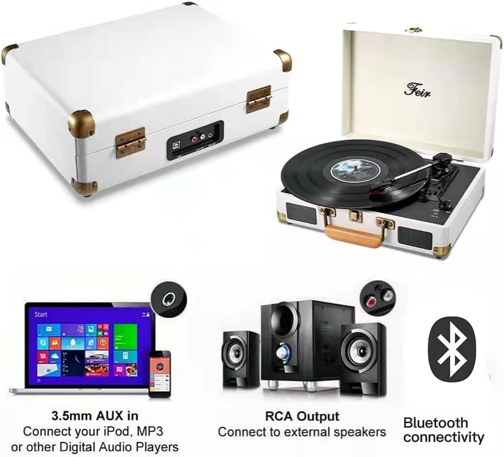 Vinyl Record Player Bluetooth with Speakers 3 Speed Portable Turntable Suitcase Built in 2 Speakers RCA Line Out AUX Headphone Jack PC Recorder-White : Electronics