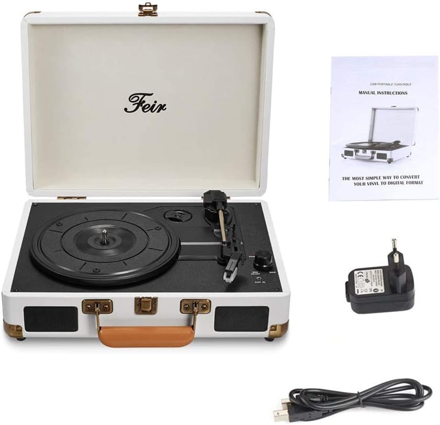 Vinyl Record Player Bluetooth with Speakers 3 Speed Portable Turntable Suitcase Built in 2 Speakers RCA Line Out AUX Headphone Jack PC Recorder-White : Electronics