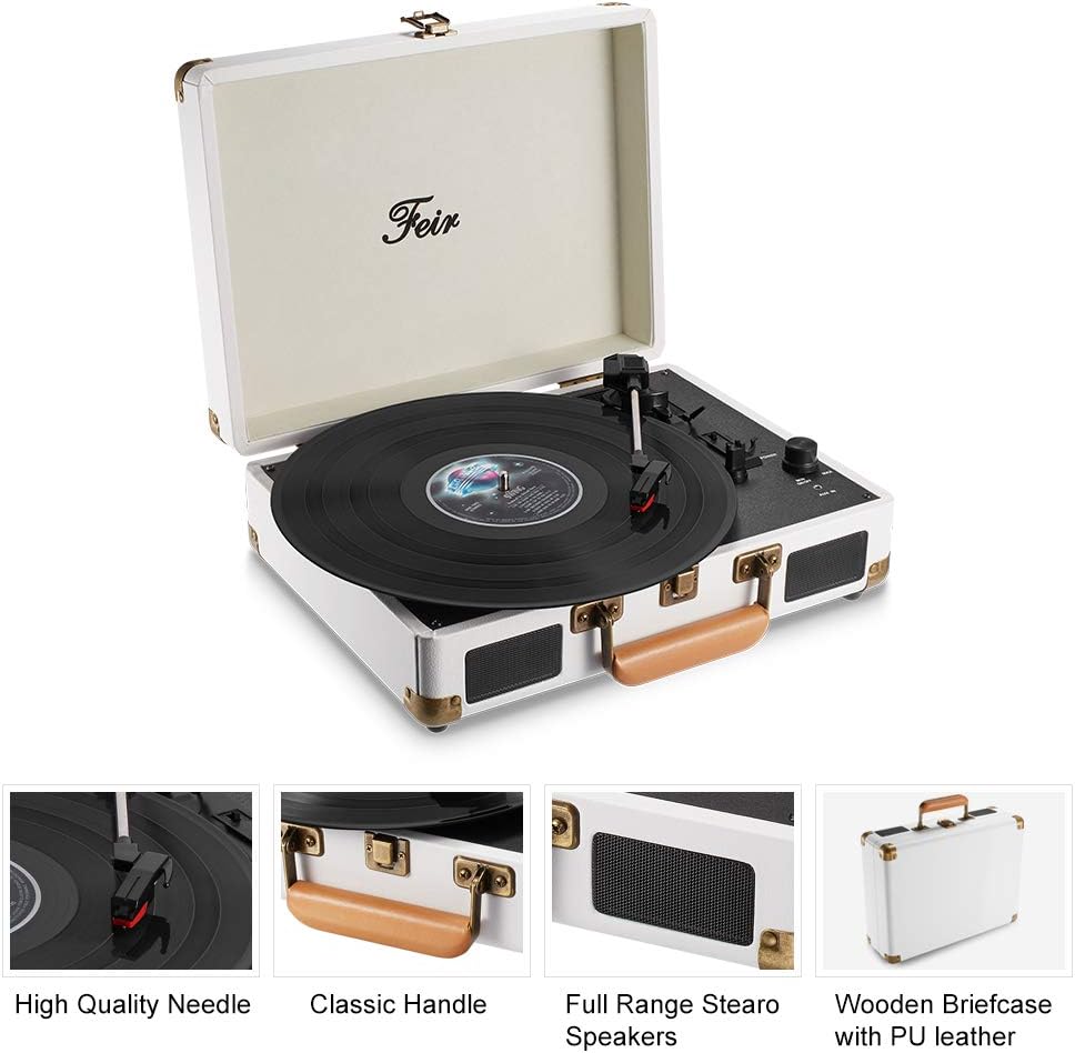 Vinyl Record Player Bluetooth with Speakers 3 Speed Portable Turntable Suitcase Built in 2 Speakers RCA Line Out AUX Headphone Jack PC Recorder-White : Electronics