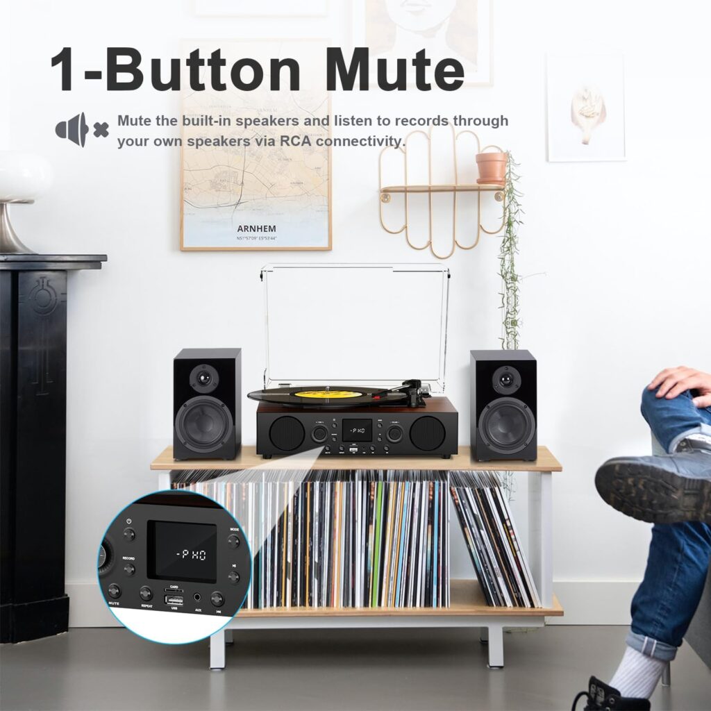 Vinyl Record Player Bluetooth with Speakers USB Playback FM Radio Mute Sound, 3 Speed Vintage Turntable for Vinyl Records with RCA Line-Out  Digital Recorder, Brown