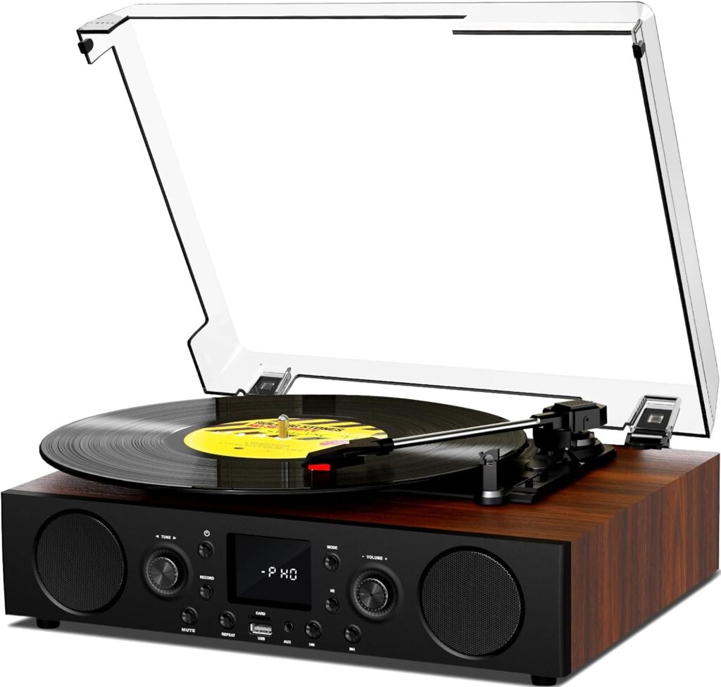 Vinyl Record Player Bluetooth with Speakers USB Playback FM Radio Mute Sound, 3 Speed Vintage Turntable for Vinyl Records with RCA Line-Out  Digital Recorder, Brown
