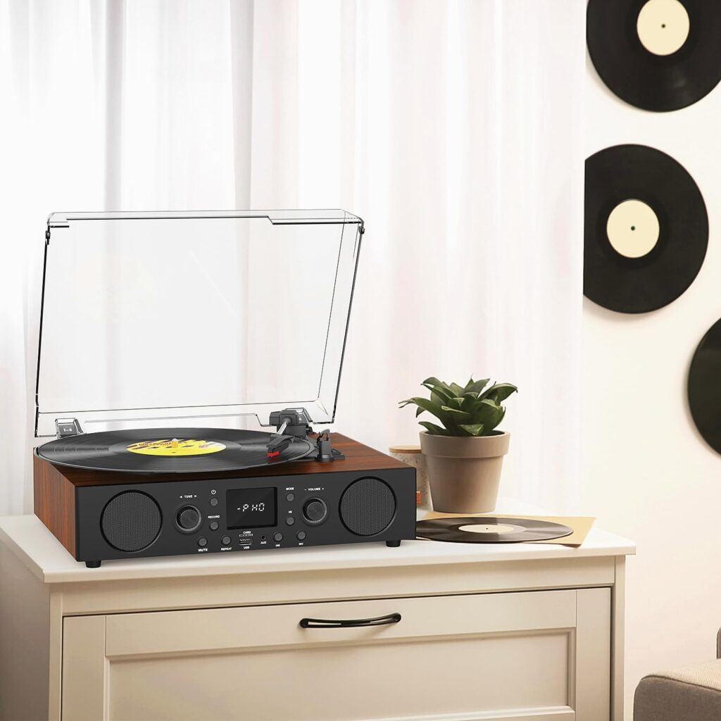 Vinyl Record Player Bluetooth with Speakers USB Playback FM Radio Mute Sound, 3 Speed Vintage Turntable for Vinyl Records with RCA Line-Out  Digital Recorder, Brown