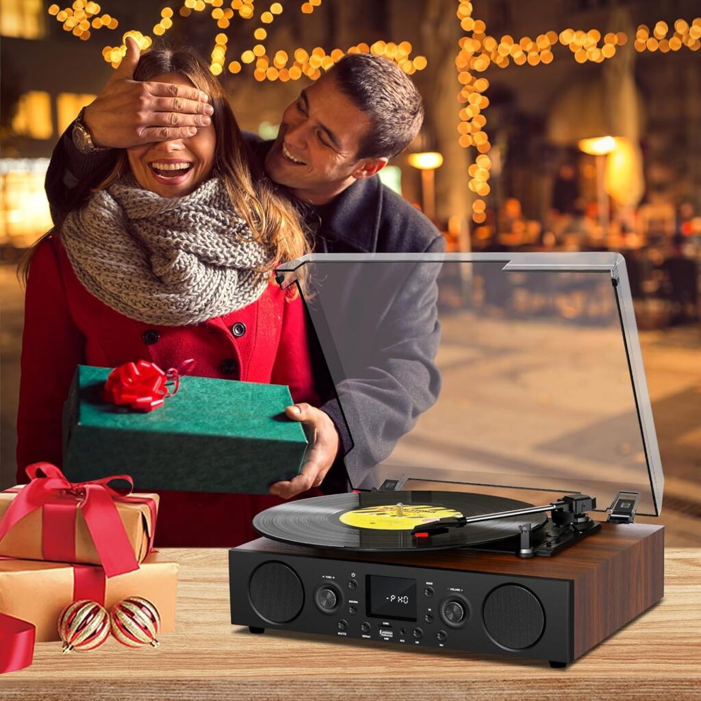 Vinyl Record Player Bluetooth with Speakers USB Playback FM Radio Mute Sound, 3 Speed Vintage Turntable for Vinyl Records with RCA Line-Out  Digital Recorder, Brown