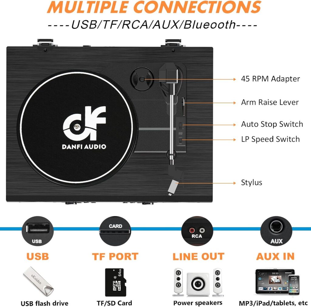 Vinyl Record Player Bluetooth with Speakers USB Playback FM Radio Mute Sound, 3 Speed Vintage Turntable for Vinyl Records with RCA Line-Out  Digital Recorder, Brown