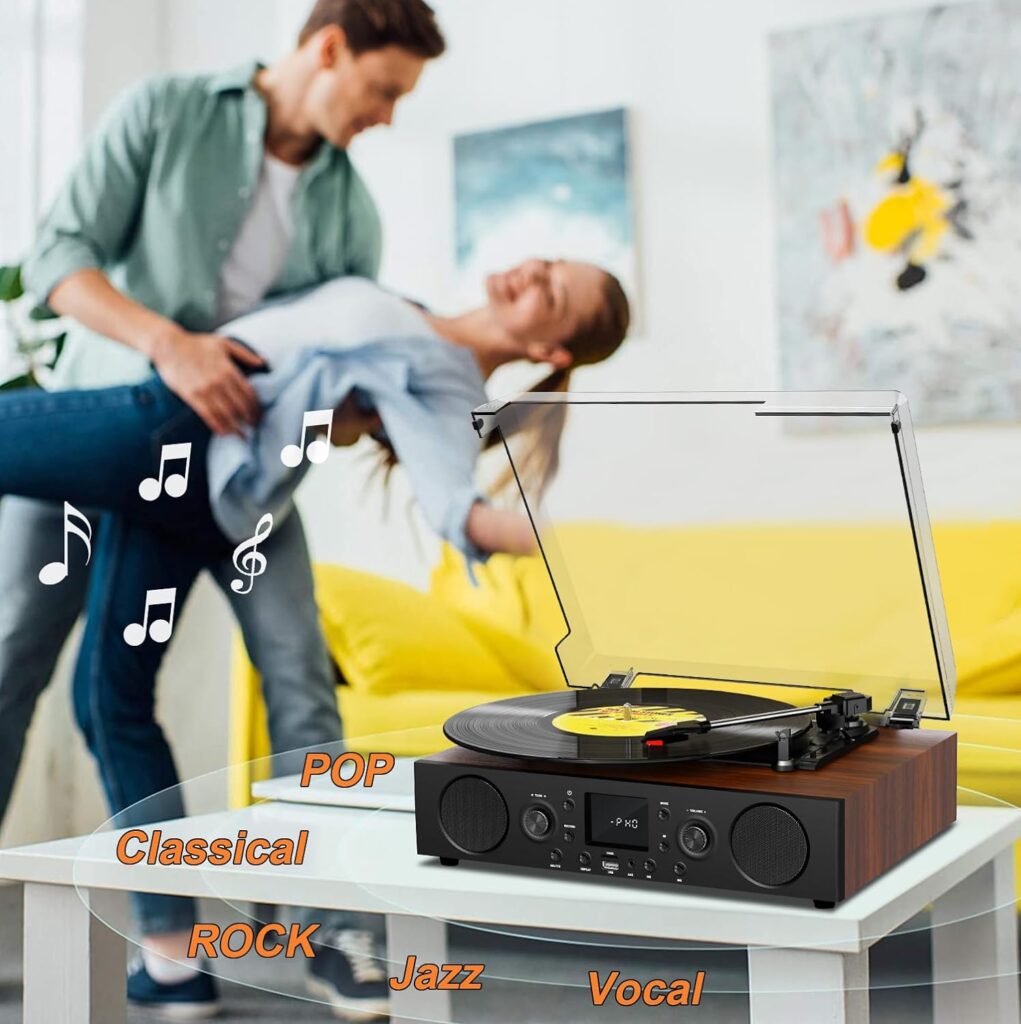 Vinyl Record Player Bluetooth with Speakers USB Recording FM Radio Mute Sound, 3 Speed Vintage Turntable for Vinyl Records with RCA Line-Out  Digital Recorder, Black