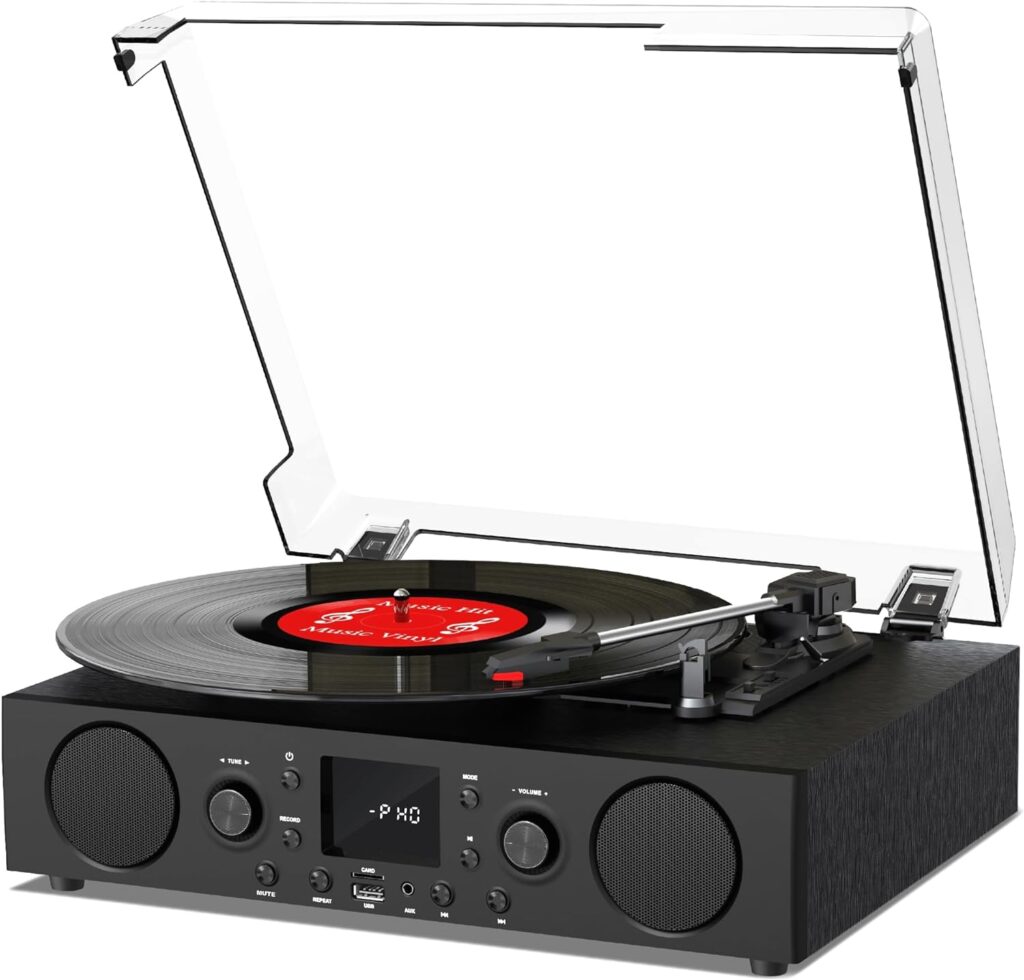 Vinyl Record Player Bluetooth with Speakers USB Recording FM Radio Mute Sound, 3 Speed Vintage Turntable for Vinyl Records with RCA Line-Out  Digital Recorder, Black
