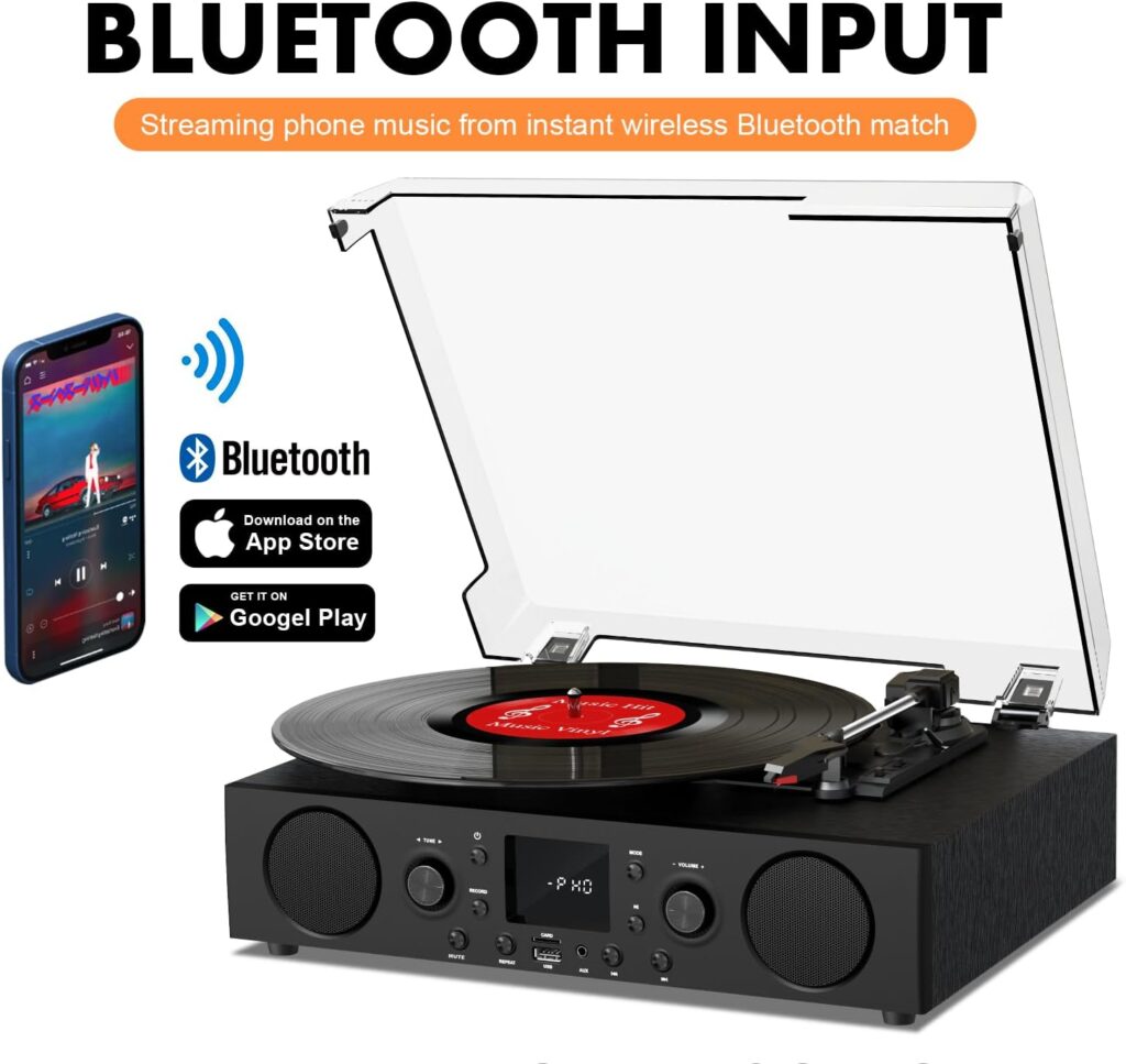 Vinyl Record Player Bluetooth with Speakers USB Recording FM Radio Mute Sound, 3 Speed Vintage Turntable for Vinyl Records with RCA Line-Out  Digital Recorder, Black