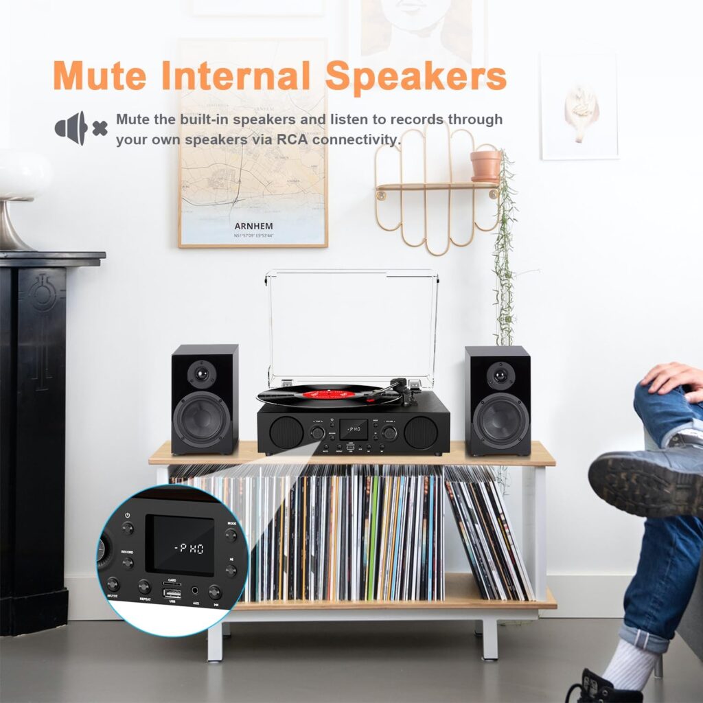 Vinyl Record Player Bluetooth with Speakers USB Recording FM Radio Mute Sound, 3 Speed Vintage Turntable for Vinyl Records with RCA Line-Out  Digital Recorder, Black
