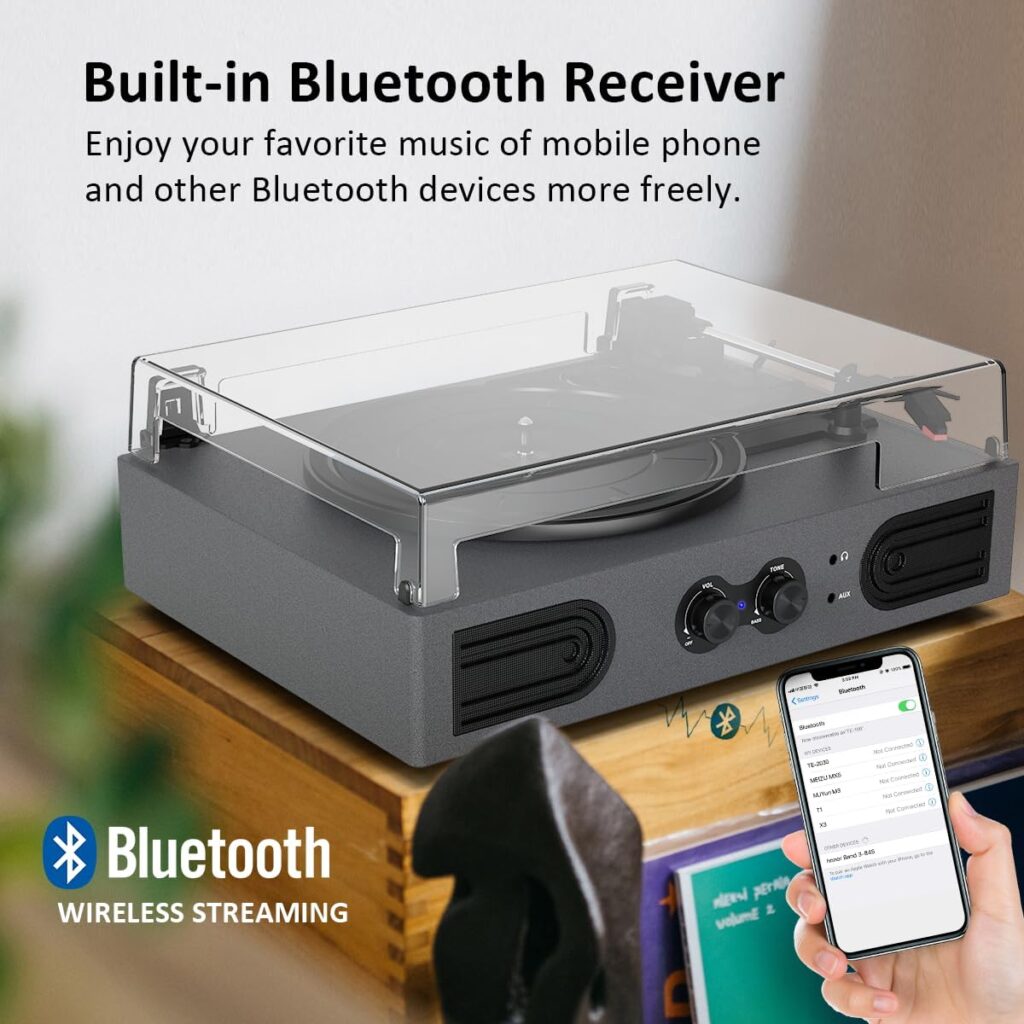 Vinyl Record Player Portable Vintage Bluetooth Turntables for Vinyl Records with Built-in Speakers, Bass  Treble Control, 33 45 78 RPM LP Player Support RCA Out, AUX in Headphone Jack, Silver Grey