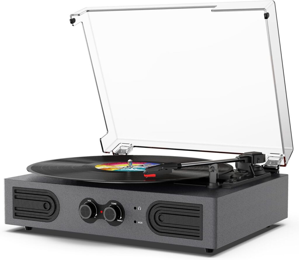 Vinyl Record Player Portable Vintage Bluetooth Turntables for Vinyl Records with Built-in Speakers, Bass  Treble Control, 33 45 78 RPM LP Player Support RCA Out, AUX in Headphone Jack, Silver Grey