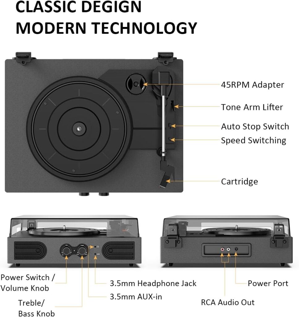Vinyl Record Player Portable Vintage Bluetooth Turntables for Vinyl Records with Built-in Speakers, Bass  Treble Control, 33 45 78 RPM LP Player Support RCA Out, AUX in Headphone Jack, Silver Grey