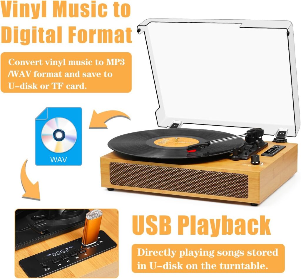Vinyl Record Player Portable Vintage Turntable for Vinyl Record with Built-in Speakers, USB Recording, 33-1/3 45 78 RPM Bluetooth Retro Phonograph LP Player Support AUX in RCA Out, Bamboo