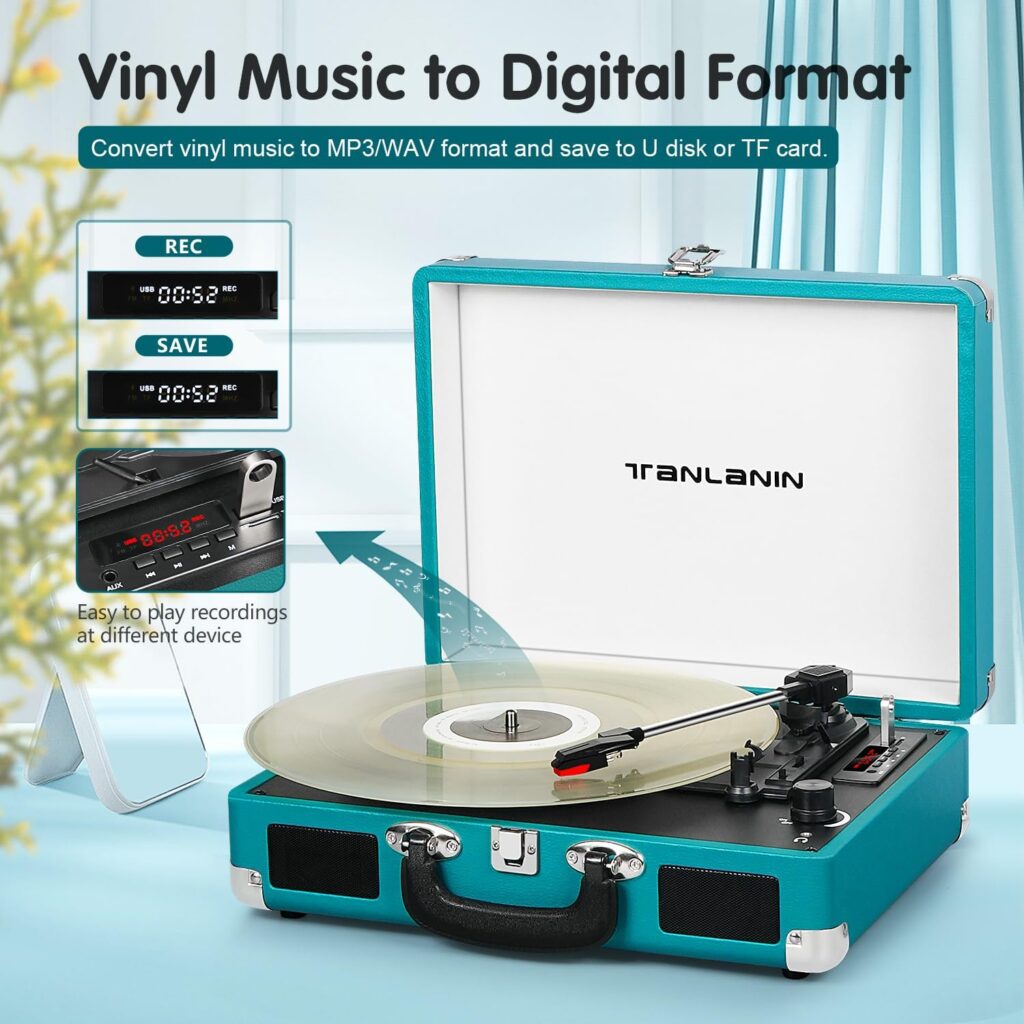 Vinyl Record Player Vintage 3-Speed Bluetooth Portable Suitcase Turntables with Built-in Speakers, USB Recording, 33 45 78RPM LP Player Support AUX in RCA Line Out Headphone Jack