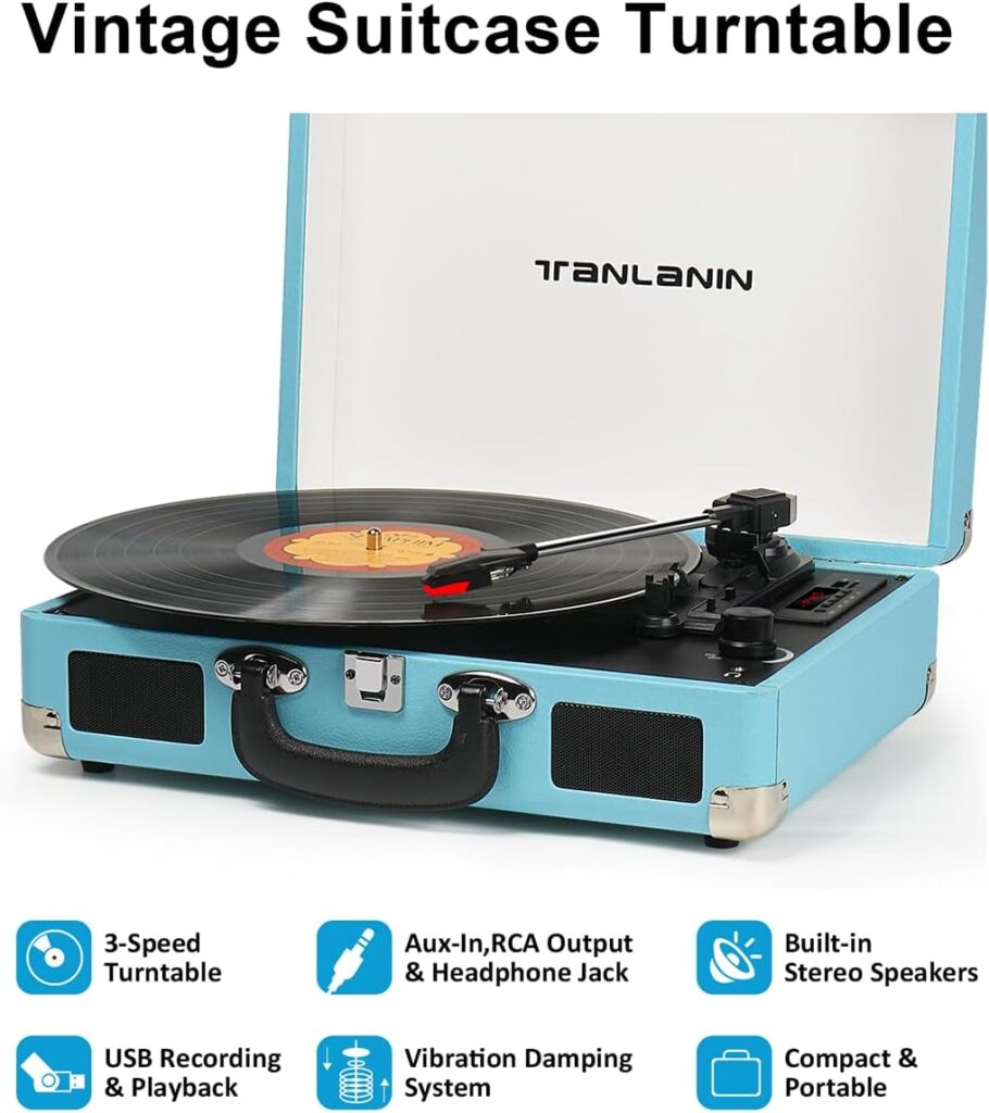 Vinyl Record Player Vintage 3-Speed Bluetooth Portable Suitcase Turntables with Built-in Speakers, USB Recording, 33 45 78RPM LP Player Support AUX in RCA Line Out Headphone Jack