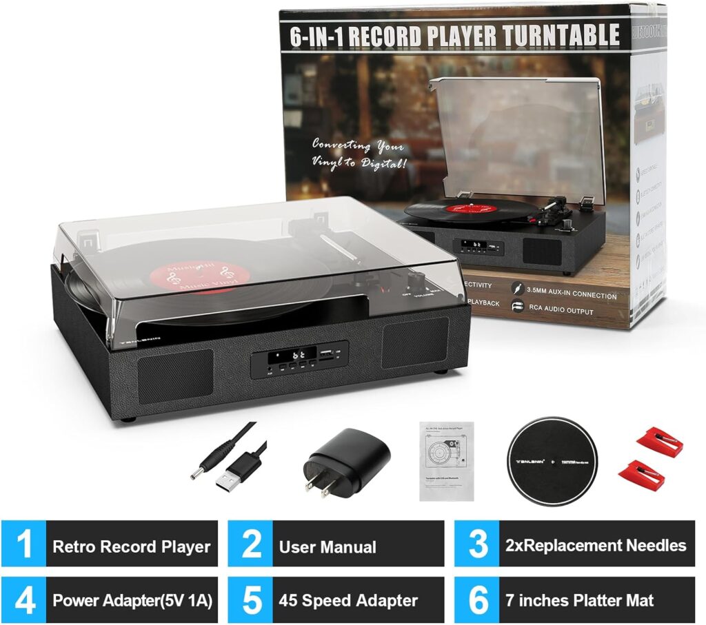 Vinyl Record Player with Built-in Stereo Speakers and Bass Adjust, Vintage 3-Speed Portable LP Turntable with Upgraded Audio Sound, Bluetooth Input, RCA/AUX/Headphone Jack, White Wood