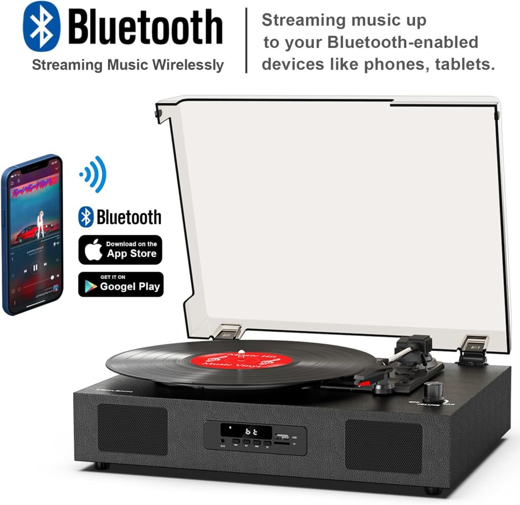 Vinyl Record Player with Built-in Stereo Speakers and Bass Adjust, Vintage 3-Speed Portable LP Turntable with Upgraded Audio Sound, Bluetooth Input, RCA/AUX/Headphone Jack, White Wood