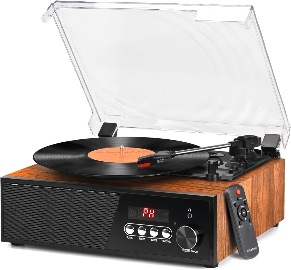 Vinyl Record Player with Speakers Bluetooth Turntable Support FM Radio USB Convert  Playback Remote Control AUX RCA Headphone 3 Speed Belt-Driven Vintage Vinyl Player Auto-Stop