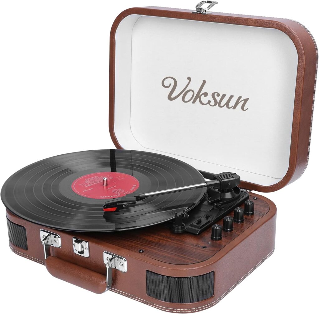 Voksun Record Player, Bluetooth Turntable with Built-in Speakers, 3-Speed Nostalgic Portable Vintage Suitcase LP Vinyl Record Player, Vinyl to MP3 Recording, with AUX USB RCA Headphone Jack,Brown