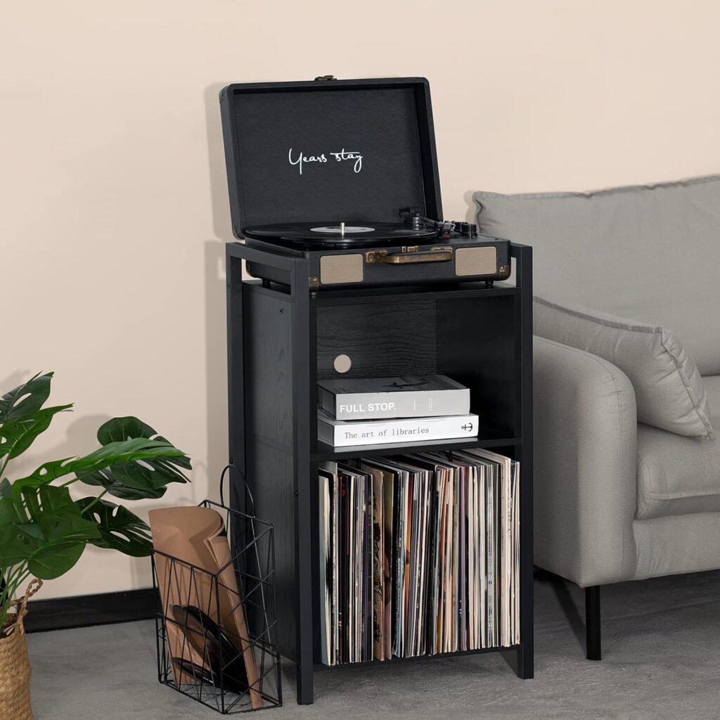 YAHARBO Record Player Stand, 3-Shelf Black Vinyl Record Holder with Storage, Record Stand, Vintage Turntable Stand Holds Up to 100 Albums, Record Table with Handle for Living Room, Bedroom, Office