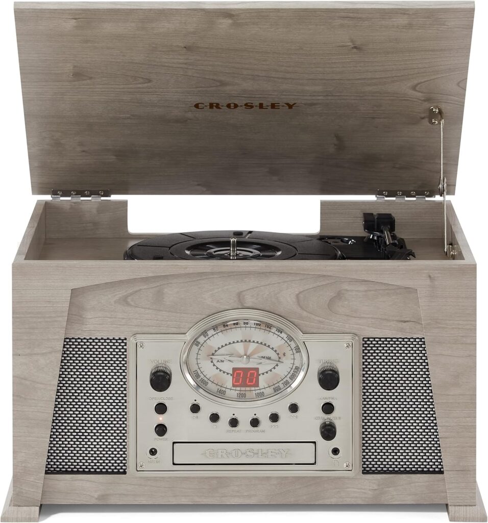 Crosley CR7015A-GY Medley 3-Speed Vinyl Record Player Turntable with Bluetooth, AM/FM Radio, CD Player, Cassette Deck, and Aux-in, Gray